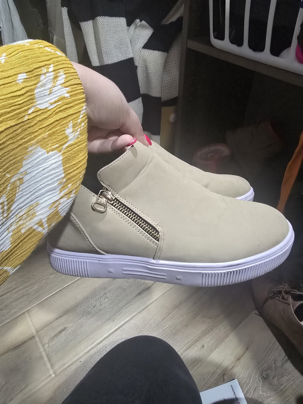 Beige Zip-Accent Slip-On Sneakers